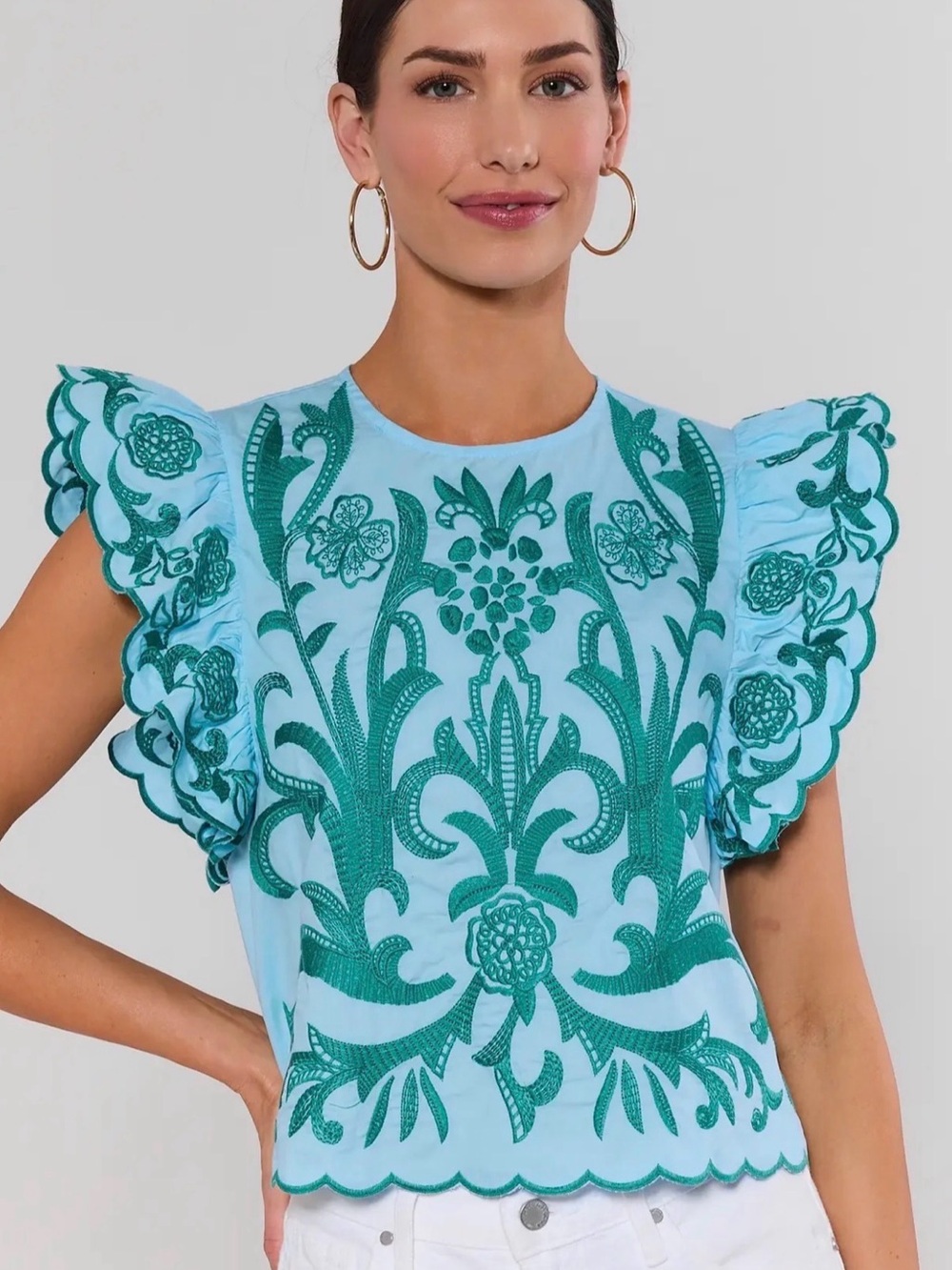 Embroidered Ruffle Sleeve Top - Aqua/Teal